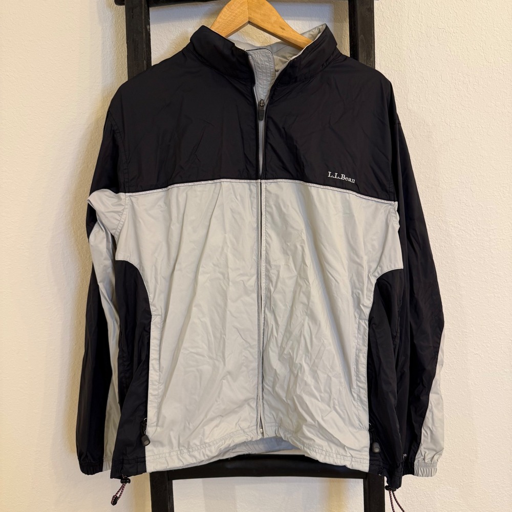 LL Bean Mens Track Jacket Black Gray Full‎ Zip Lightweight Outerwear M